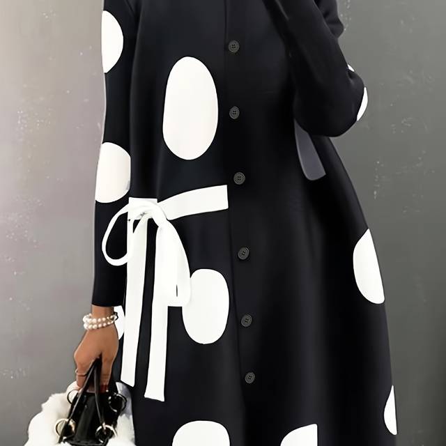 TEMU [ Fabric] Women's Long Sleeve Polka Dot Dress - Casual A-line With Button Front, Black & White Pattern, Tie Waist, And Fluffy Trim For Spring/fall