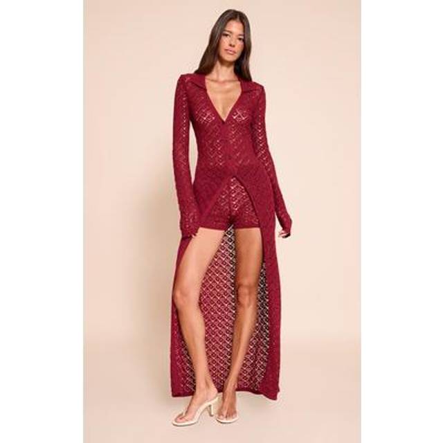 Wine Crochet Knit Maxi Cardigan, Dark Wine - L