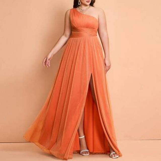 SHEIN Mgiacy,New Arrival,One Shoulder,Mature,Plus Size Bridesmaid Dress,Ruched,Perspective,High Slit,Mesh,A-Line Dress