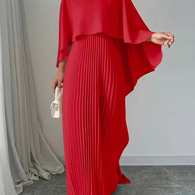 TEMU Elegant Solid Color Pleated Dress With A Two-piece Design, Featuring A Flowing Long Skirt Suitable For Banquets.