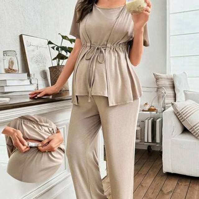 SHEIN Casual Maternity Rib-Knit Nursing Loungewear Set In Soft Khaki Knitted Fabric