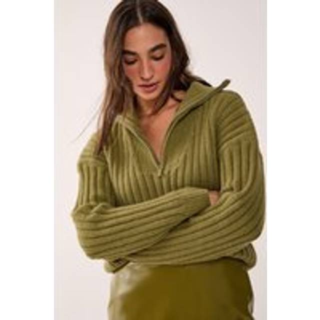 Nasty Gal Women's Ribbed Knitted Quarter Zip Jumper in Olive | Size: Large