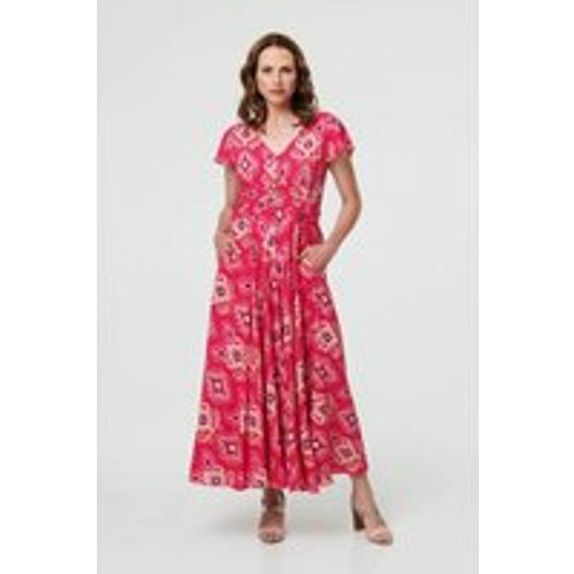Printed Cap Sleeve Ruched Maxi Dress - Pink - 12