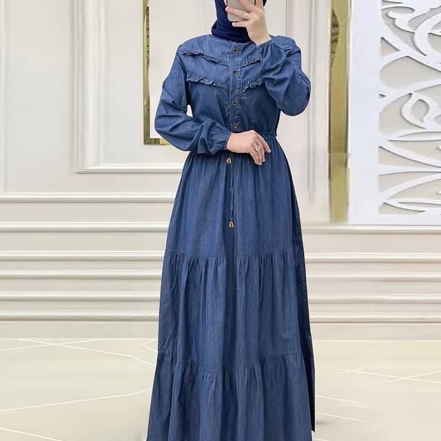 TEMU Ramadan Button Front Modest Dress, Elegant Long Sleeve Loose Maxi Dress, Women's Clothing