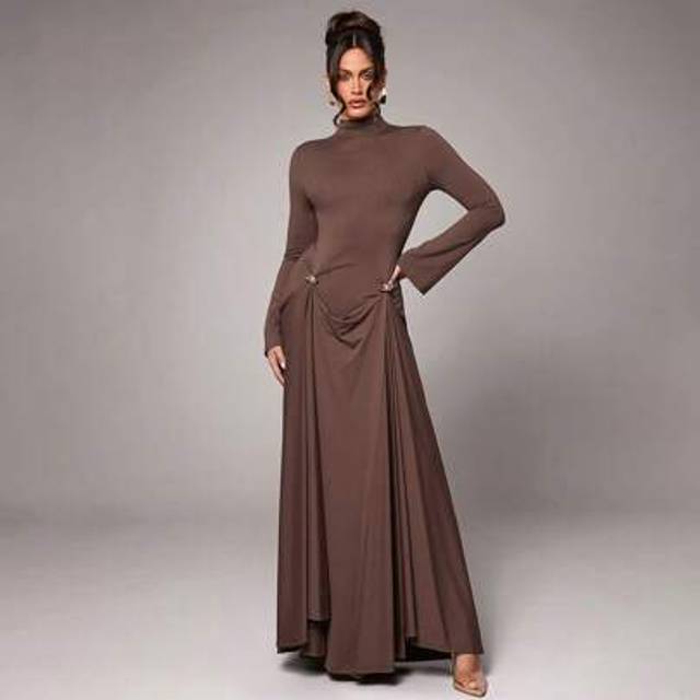 SHEIN Long Sleeve Solid Brown Coffee Color Dress, Minimalist Sexy Elegant Metal Decor, Suitable For Cocktail Party, Romantic Date, Autumn/Winter Base Layer,
