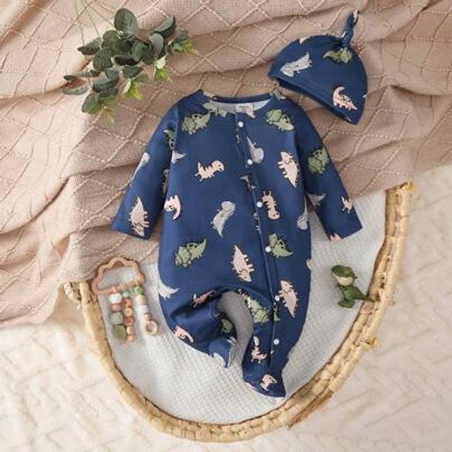 SHEIN Newborn Baby Beige Minimalist All-Over Cute Dinosaur Print Long Sleeve Footie Pajamas With Hat & Gloves Set, Homewear