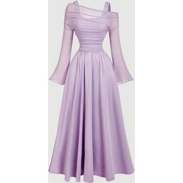 SHEIN Lilac Off-Shoulder Mesh 2in1 Trumpet Sleeve Long Sleeve Women&#39;s Dress,Western,Vintage,70s,The Bachelorette
