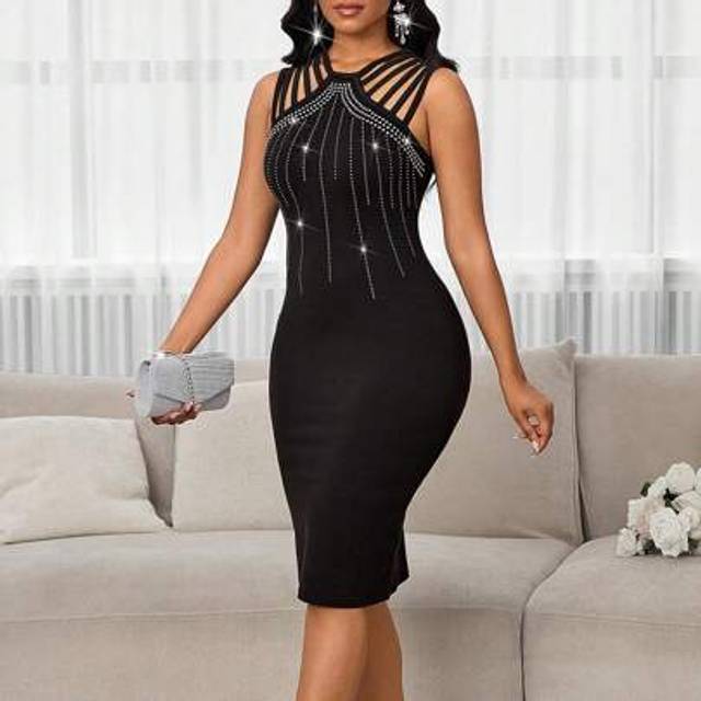 SHEIN Elegant And Elegant For Women, Party Banquet Sparkling, Hot Diamond Cut-Out Strap, Slim Fit Midi Dress Old Money Style Concert Birthday Dresses Dresse