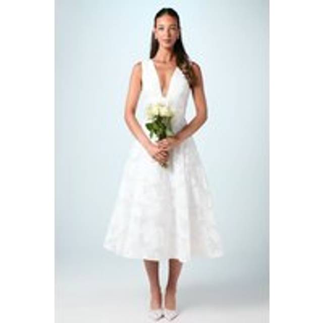 Plunge Neck Jacquard Midi Wedding Dress - Ivory - 16
