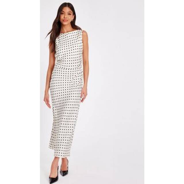 Quiz Off White Satin Polka Dot Midaxi Dress - 6