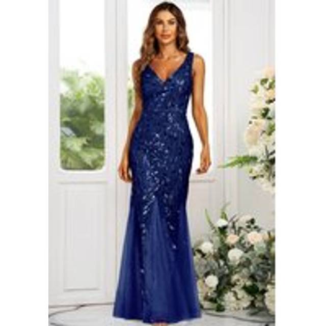 Fs Collection V Neck Sequin Leaf Embroidered Maxi Dress In Navy