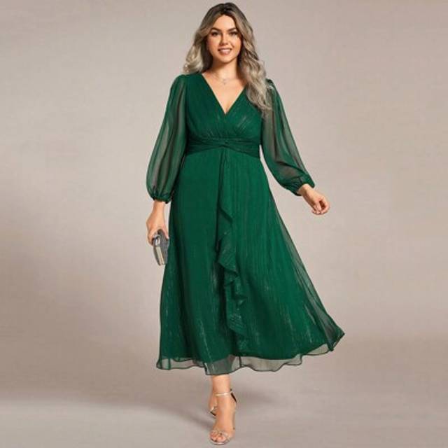 SHEIN Plus Size Elegant Ruffle Hem Twist Detail Bridesmaid Dress Long Sleeve Green Formal Dress