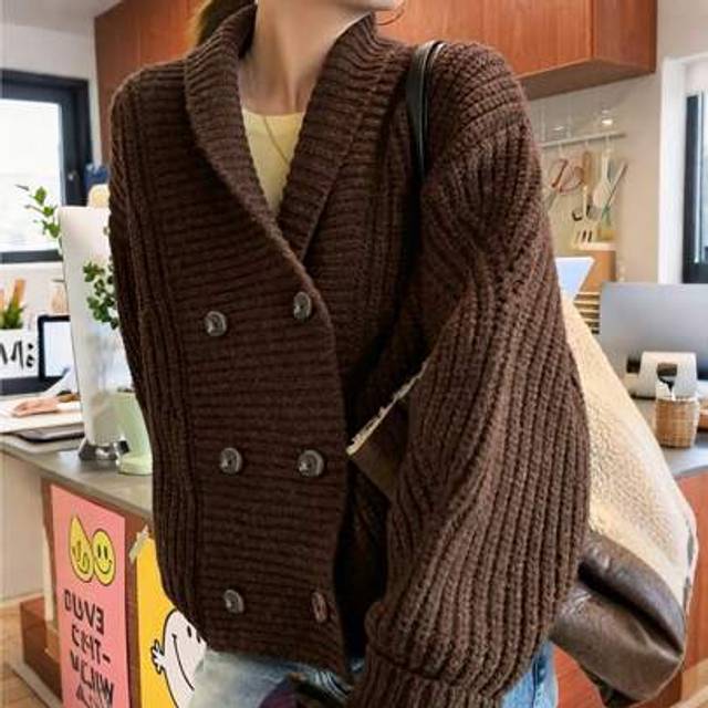 SHEIN Women&#39;s French Style Loose Fit Oversized Double Breasted Sweater Cardigan, Warm & Cozy, Autumn/Winter
