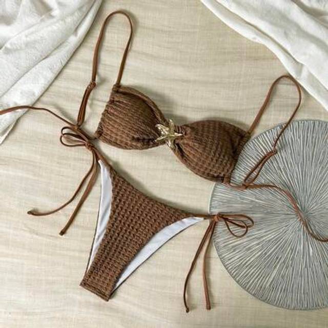 SHEIN Fashionable Sexy Starfish Decor Bikini Set Solid Yellow Solid Color Textured Fabric Women&#39;s Summer Beach Vacation Swimwear