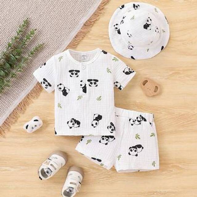 SHEIN 3-Piece Unisex Newborn Neutral Top And Shorts Set With An Accessory Hat. A Woven White Top With A Bear Pattern, A Set Of White Shorts And An Accessory