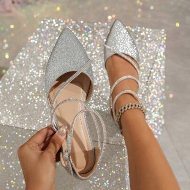 SHEIN Women V-Cut Toe Pointy Flat Ballerina Shoes, Rhinestone Decor Hollow Comfort Dance Ballet Flats, Glitter Silver Color, Breathable Cutout Spring Autumn