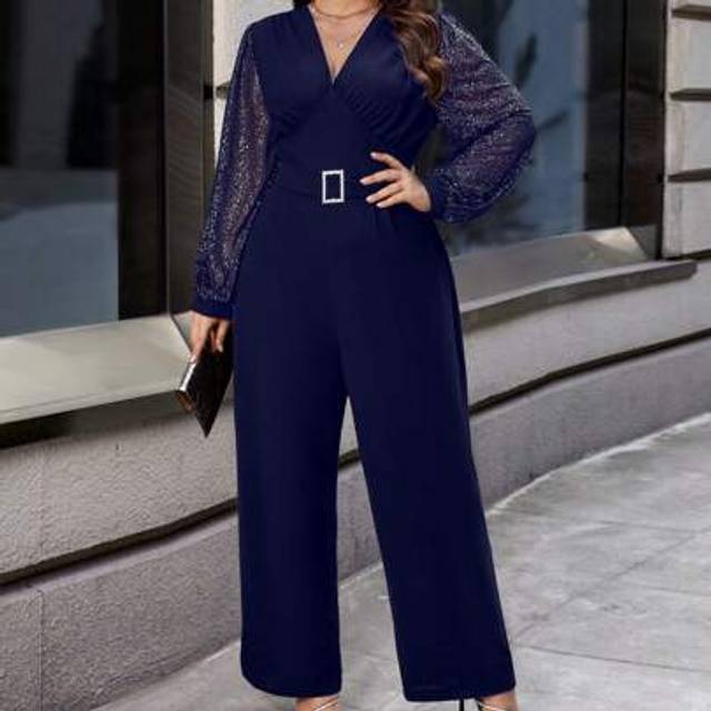 SHEIN Plus Size V-Neck Waist Belt Mesh Splice Plain Long Sleeve Jumpsuit