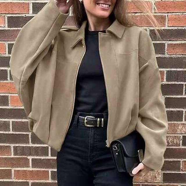SHEIN Women&#39;s Spring/Autumn Fashion Casual Fleece Solid Color Long Sleeve Oversized Batwing Loose Bomber Jacket