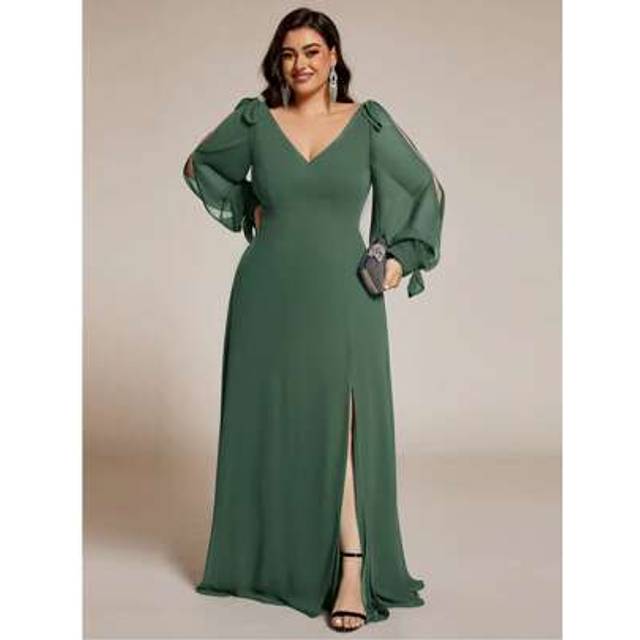 SHEIN Plus Elegant Chiffon Long Sleeve Bow Slit Evening Green Bridesmaid Dresses For Wedding