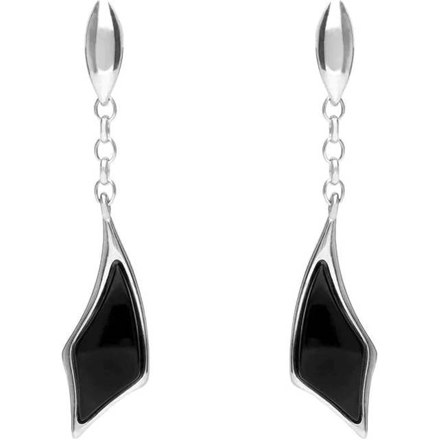 Sterling Silver Whitby Jet Curved Diamond Shape Chain Drop Earrings D