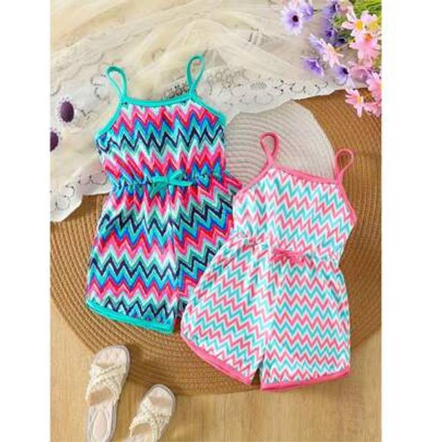 SHEIN 2pcs/Set Girls&#39; Bohemian Print Sleeveless Jumpsuit, With Slight Stretch, Regular Fit, Spaghetti Strap With Bow Detail, Suitable For Outdoor Vacation,