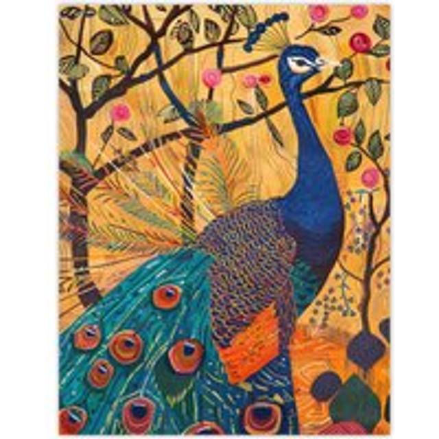 Exotic Peacock in Tree with Roses Artwork Wall Art Print - Yellow - W24 inch x H32 inch