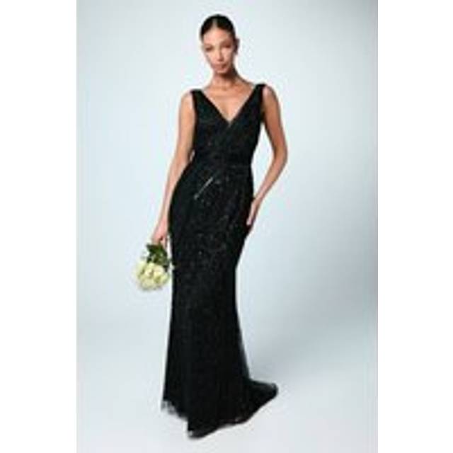 Plunge Floral Embellished Bridesmaid Dress - Black - 16
