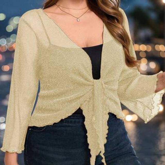 SHEIN Hollow Out Lace-Up Frill Hem Crop Cardigan With Puff Sleeves, Party Wear For Plus Size Women