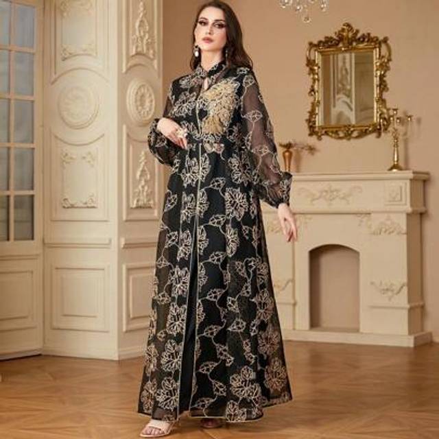 SHEIN 2pcs/Set Women&#39;s Rhinestone Embellished Long Modest Long Sleeve Abaya Arabian Dress, Kaftan