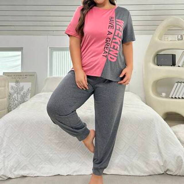 SHEIN Plus Size Colorblock Letter Printed Short Sleeve Top & Long Pants Pajama Set, Outfits