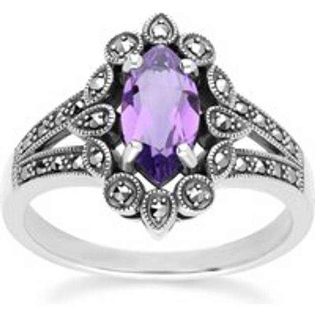 Art Deco Style Marquise Amethyst & Marcasite Ring in Sterling Silver