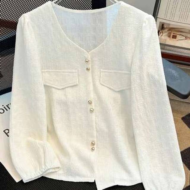 SHEIN New Fashionable V-Neck Puff Sleeve Top Blouse, Lightweight Women Casual Jacket Fall Winter Cloth For Women