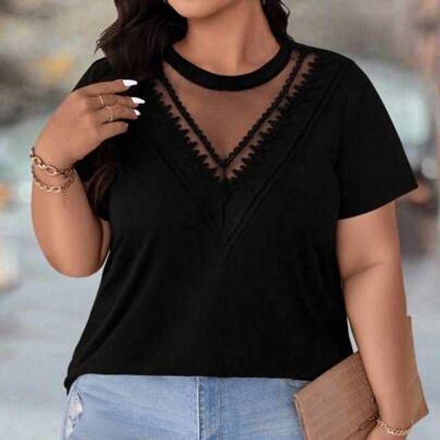 SHEIN Plus Size Round Neck Lace Patchwork Mesh Sleeve T-Shirt