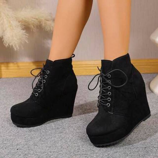SHEIN Women&#39;s Solid Color Suede Lace-Up Wedge Heel Ankle Boots, Casual & Commuting Increased Height, Autumn/Winter