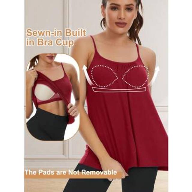 SHEIN Women&#39;s Camisole With Built In Bra Tank Top Flowy Swing Pleated Tank Top Cami With Adjustable Spaghetti Strap Shelf Bra Loose Vest