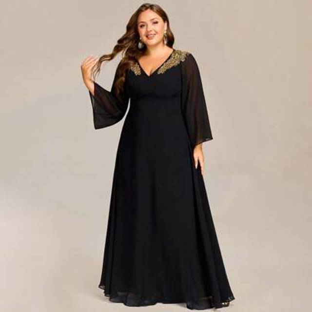 SHEIN Plus Size Elegant Long Sleeve Sequin Embroidery V Neck Floor-Length Evening Gown Black Formal Dresses, Party Dress, For Wedding Guest