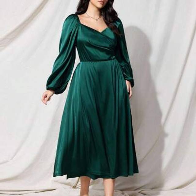 SHEIN Plus Size Vintage Dark Green Wrap Style Satin Elegant Commuter Dress, Autumn/Winter,Vestidos Elegantes De Mujer,Vestidos Elegantes Para Fiesta,Birthda