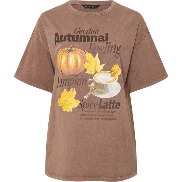 Yours Curve Brown Autumnal Print Relaxed Tshirt, Women's Curve & Plus Size, Yours - 16
