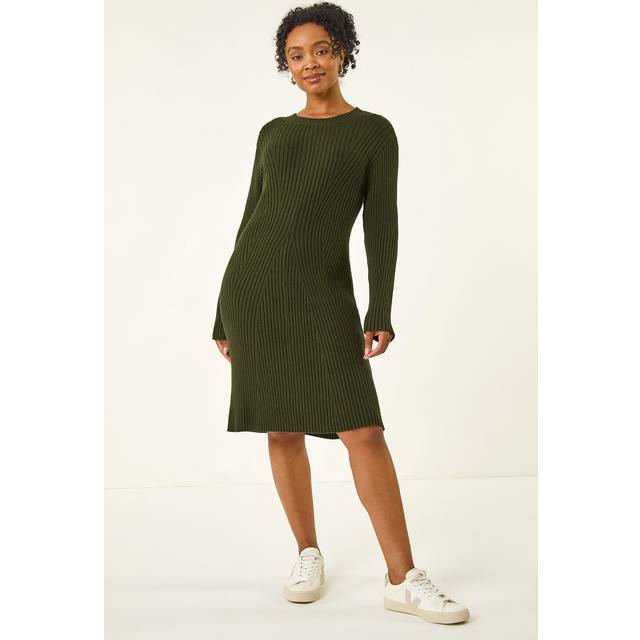 Ribbed Knitted Dress - Khaki - 10
