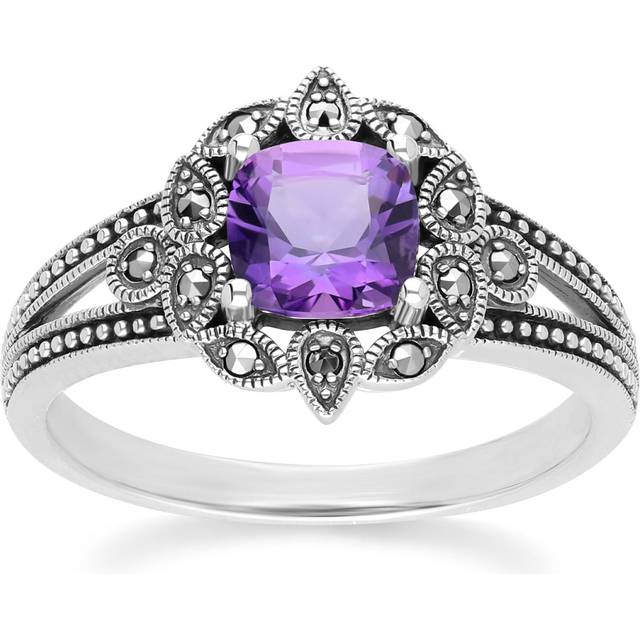 Art Deco Style Cushion Amethyst & Marcasite Ring in Sterling Silver