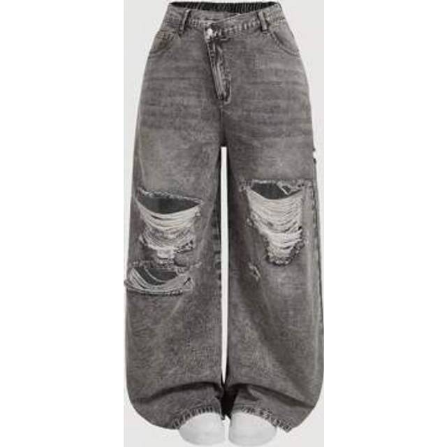 SHEIN Oversized Black Jeans With Holes On The Wide Leg Comfortable Elastic Waistband Summer Casual Outfits