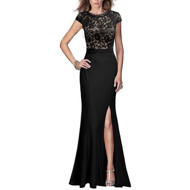 (Black, One size) Women Lace Top Slit Wedding Guest Mother of Bride Party Cocktail Evening Prom Gown Maxi Formal Long Dress