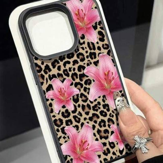 SHEIN Flower 1pc Leopard & Pink Lily Pattern Luxury Textured Anti-Fall Soft Phone Case, Suitable Compatible With Apple, & Phones Waterproof Shockproof Scrat