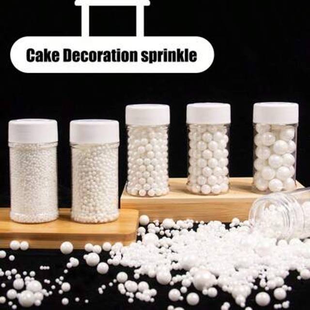 SHEIN Edible Cake Decoration Sprinkle Accents For DIY Cake Toppers, Edible Mixed-Size White Pearls. Suitable For Decorating Birthday Cakes, Donuts, Cupcakes
