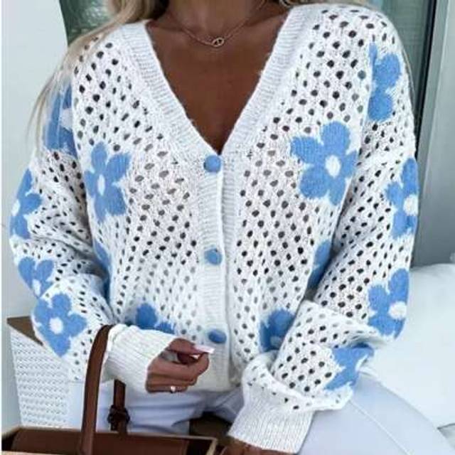 SHEIN Plus Size Women Floral Hollow-Out Knit Cardigan, Cute And Simple Design, , Long Sleeve, European & American Style
