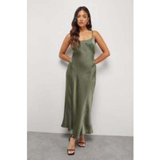 Womens Petite Satin Tie Bust Seam Strappy Midi Slip Dress - Green - 16
