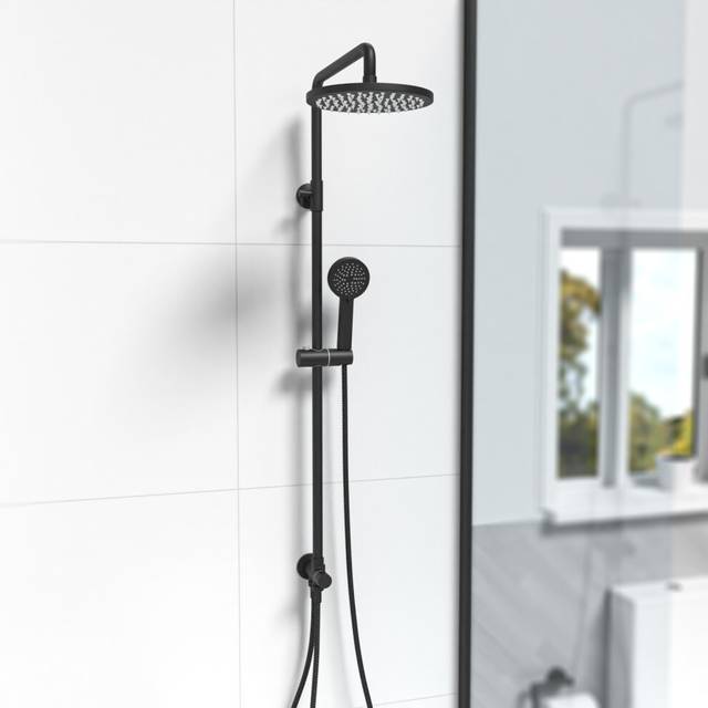 Nes Home Matte Black Round Exposed Shower Mixer Riser Rail Kit & 3 Mode Handset - One Size
