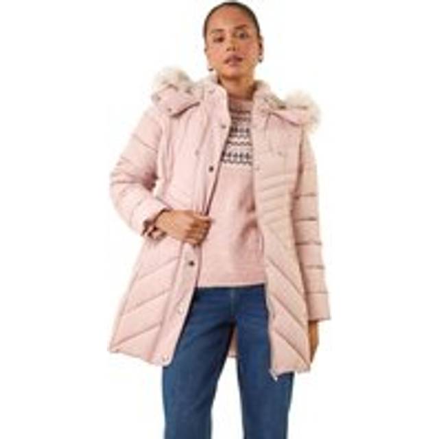 Roman Petite Hooded Longline Quilted Coat In Light Pink - 18