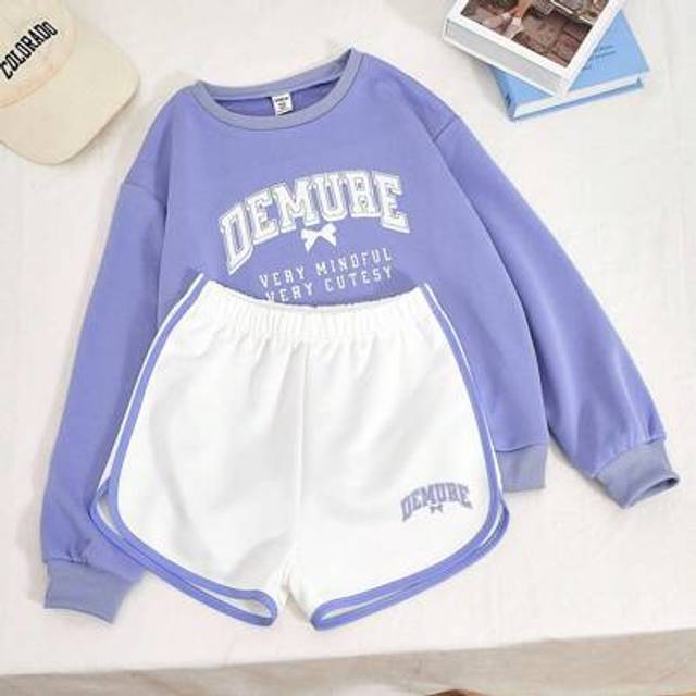 SHEIN 2pcs/Set Retro Casual Loose Sweatshirt And Shorts Co-Ord Set, Suitable For Spring/Autumn