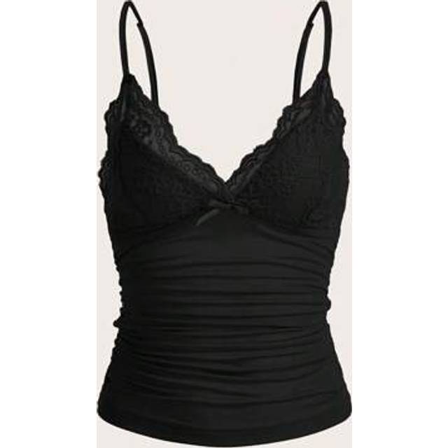 SHEIN Elegant Solid Contrast Lace Ruched Y2k Cami Top